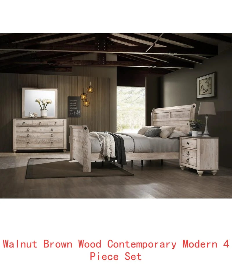 Queen Sleigh Bed Bedroom Set with Dresser, Mirror, and Nightstand in White Wash Finish