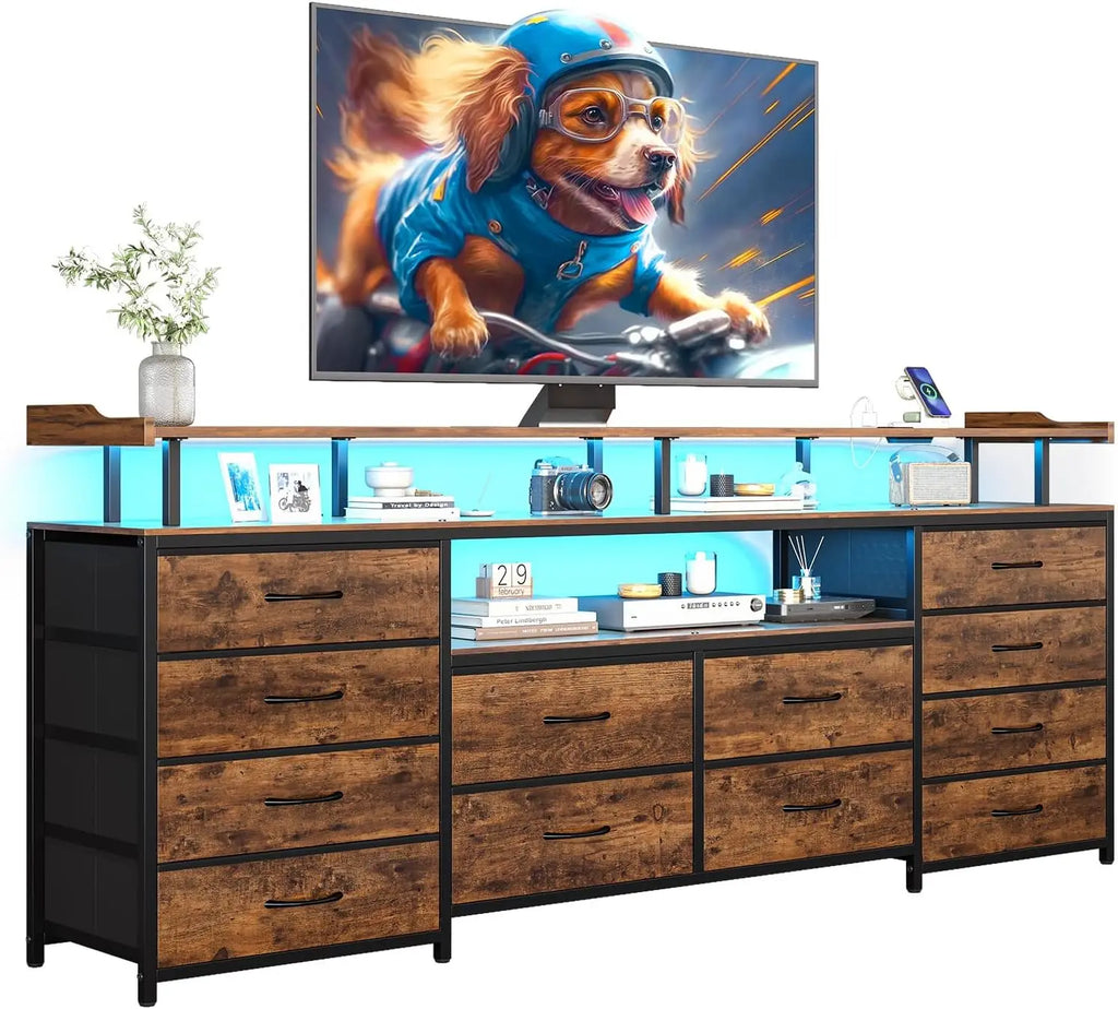 Entertainment Center with LED Lights & Power Outlets, 12 Drawers/ TV Stand Dresser for 65/70" TV, 63" Large LED TV Stand