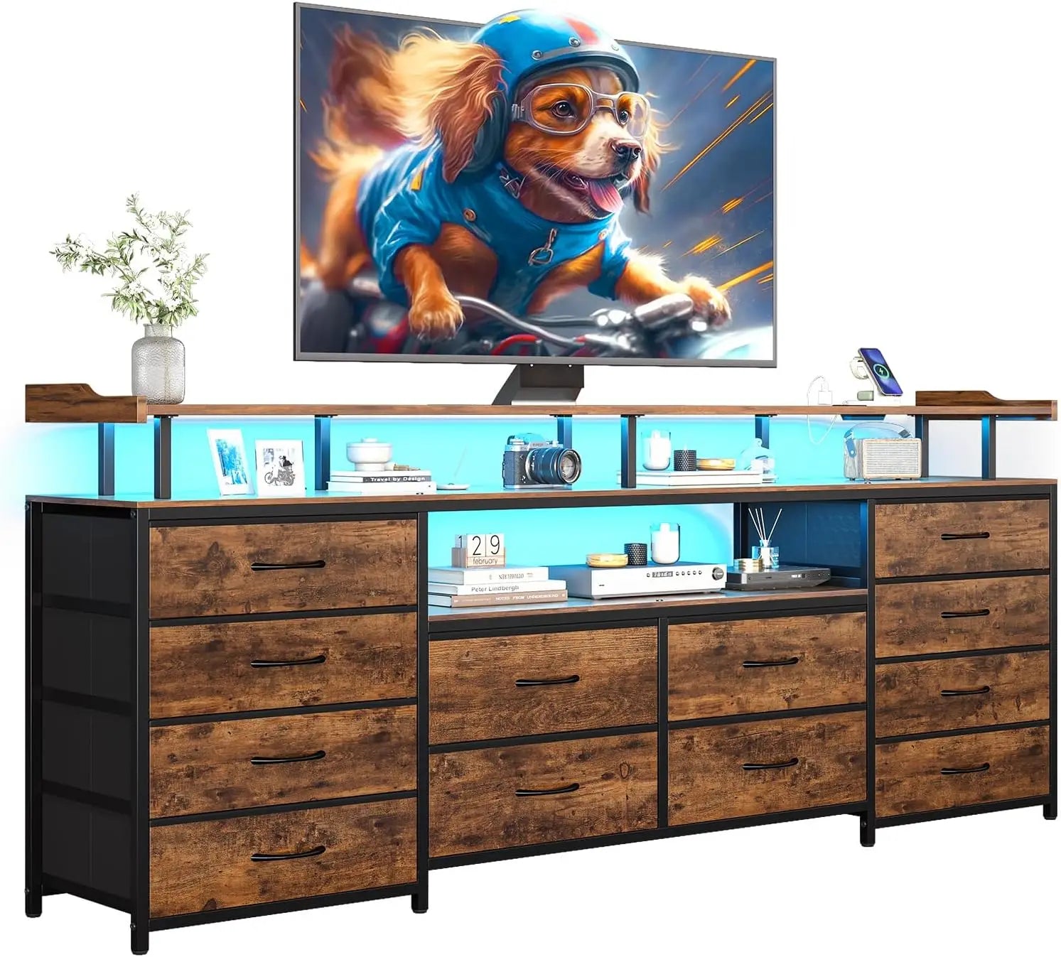 Entertainment Center with LED Lights & Power Outlets, 12 Drawers/ TV Stand Dresser for 65/70" TV, 63" Large LED TV Stand