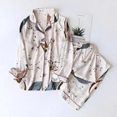 Spring and Autumn Women's Pajama Set 100%/ Cotton Crepe Long Sleeved Pants/ Two Piece/ Cute and Sweet Set Ladies