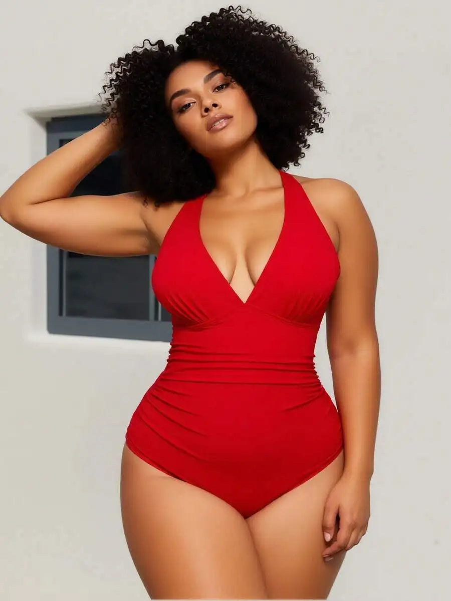 Womens Tummy Control Ruched V Neck One Piece Swimsuit Slimming Push Up Bathing Suit