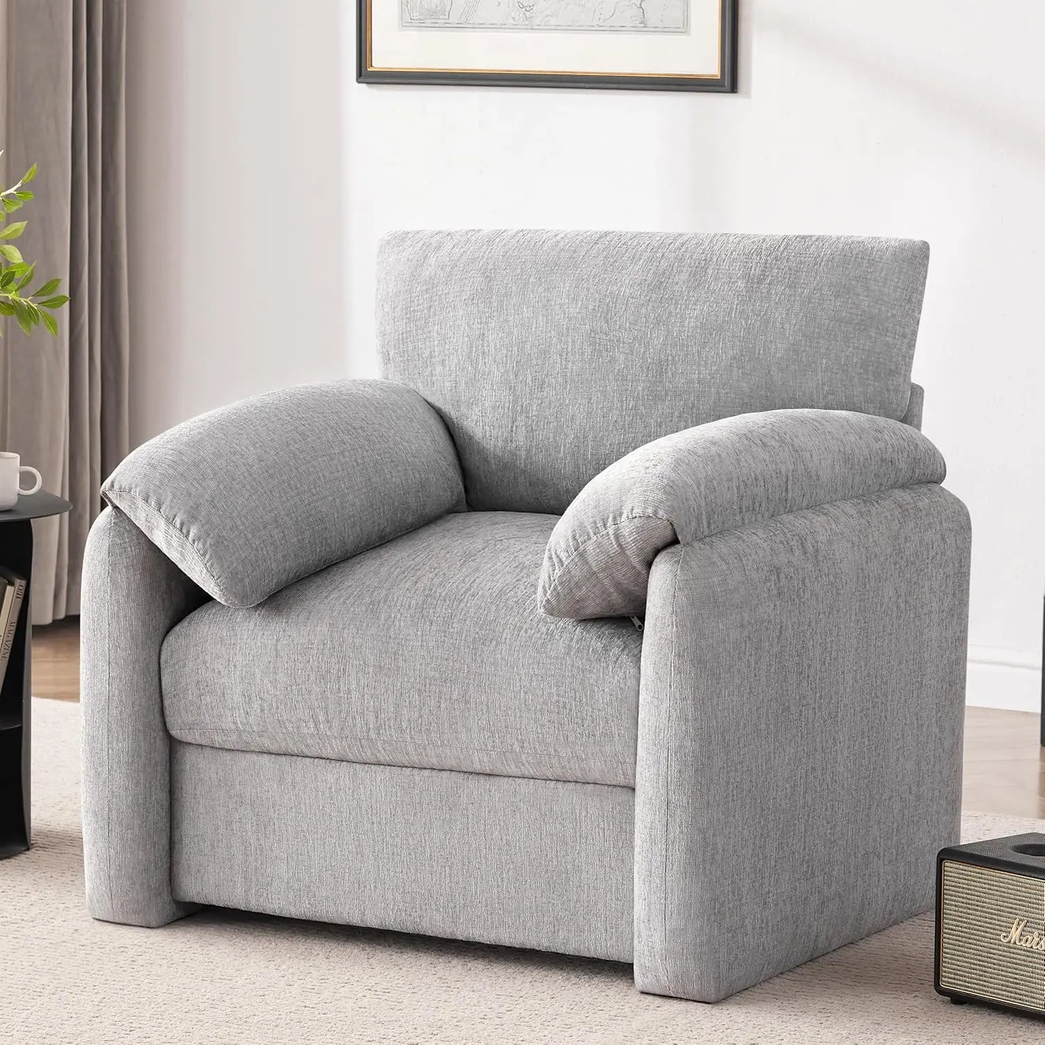 38.6in Chenille Oversized Armchair Mid-Century Upholstered Lounge Reading Chair Living Room Bedroom Beige Customized
