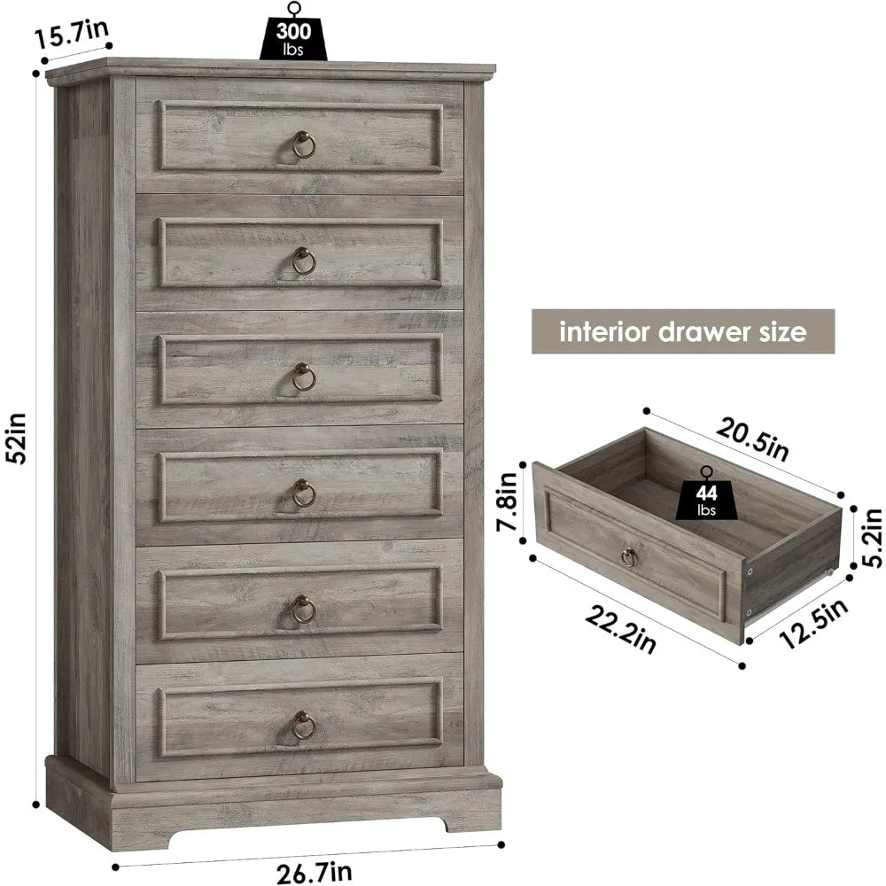 6 Drawer Dresser for Bedroom, 52" Tall Dresser, Modern Farmhouse Vertical Chest of Drawers for Bedroom