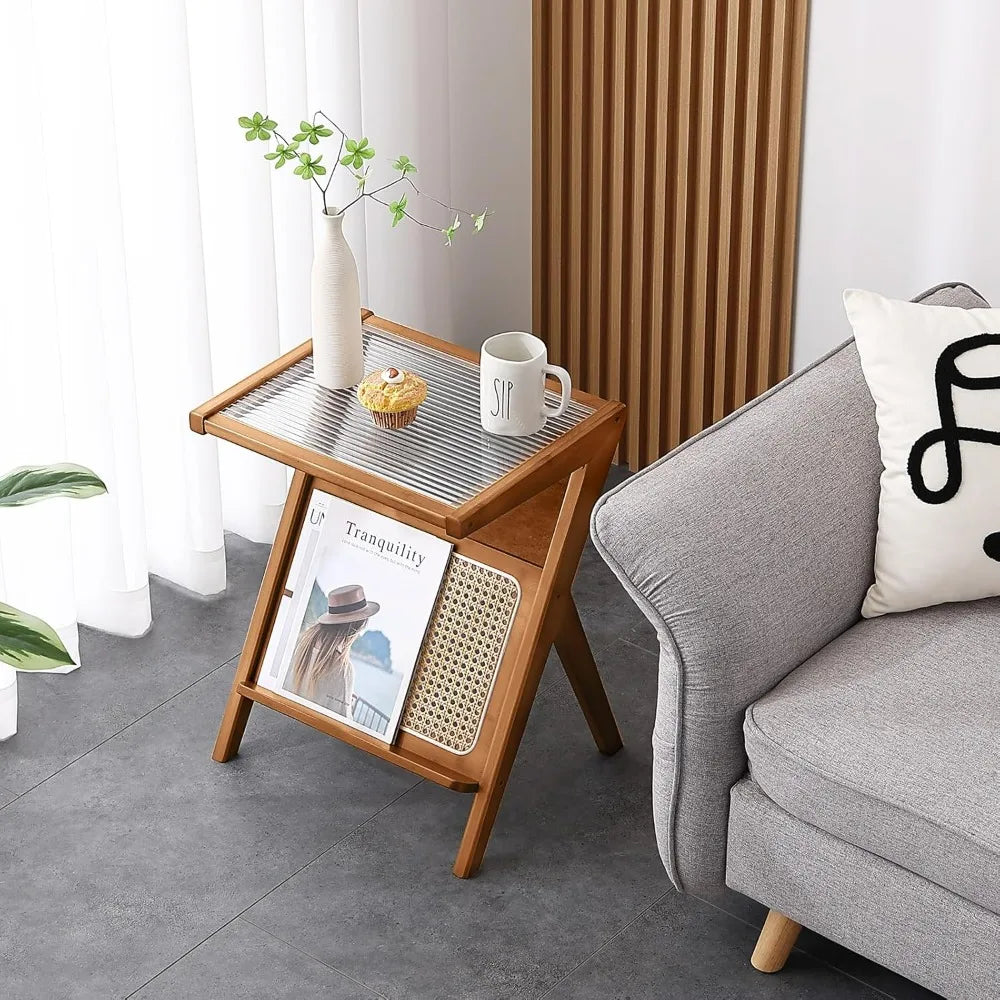 Mid-Century Bamboo Side Table, Rattan Nightstand Accent, Bohemian Wood End Table with Glass Top