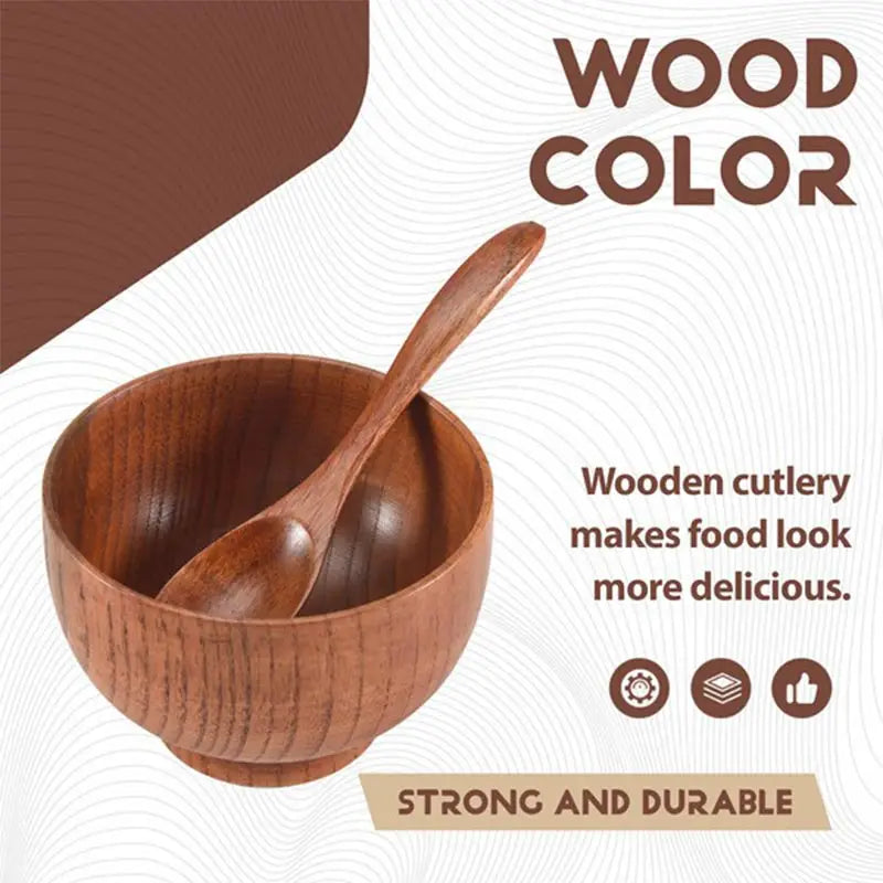 Kitchen Natural Wooden Soup Bowls,Round Fruit Salad Rice Bowls,With Spoon Set Food Containers Bowls,Large Tableware Noodle Bowls
