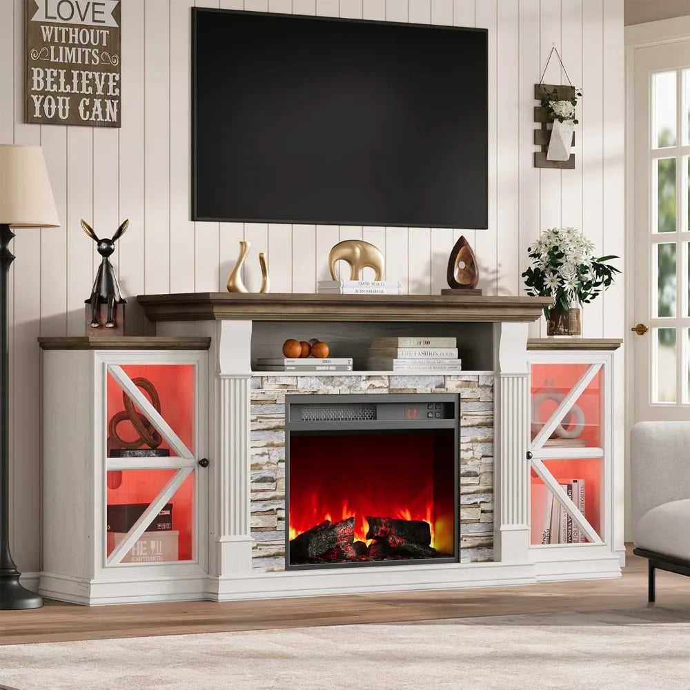 Electric Fireplace TV Stand, 70" Farmhouse Entertainment Center with Open Shelf and Glass Barn Door Cabniet,
