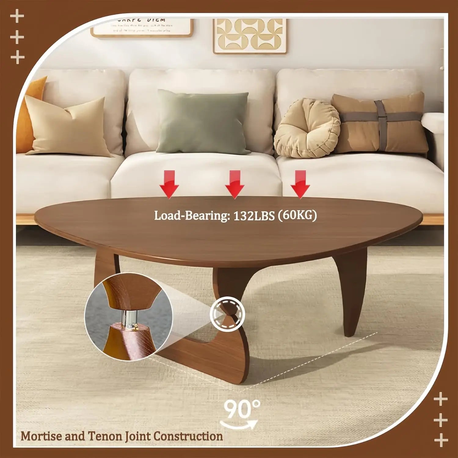 Mid Century Modern Triangle Coffee Table Solid Wood Legs Rustic Living Room Center Table