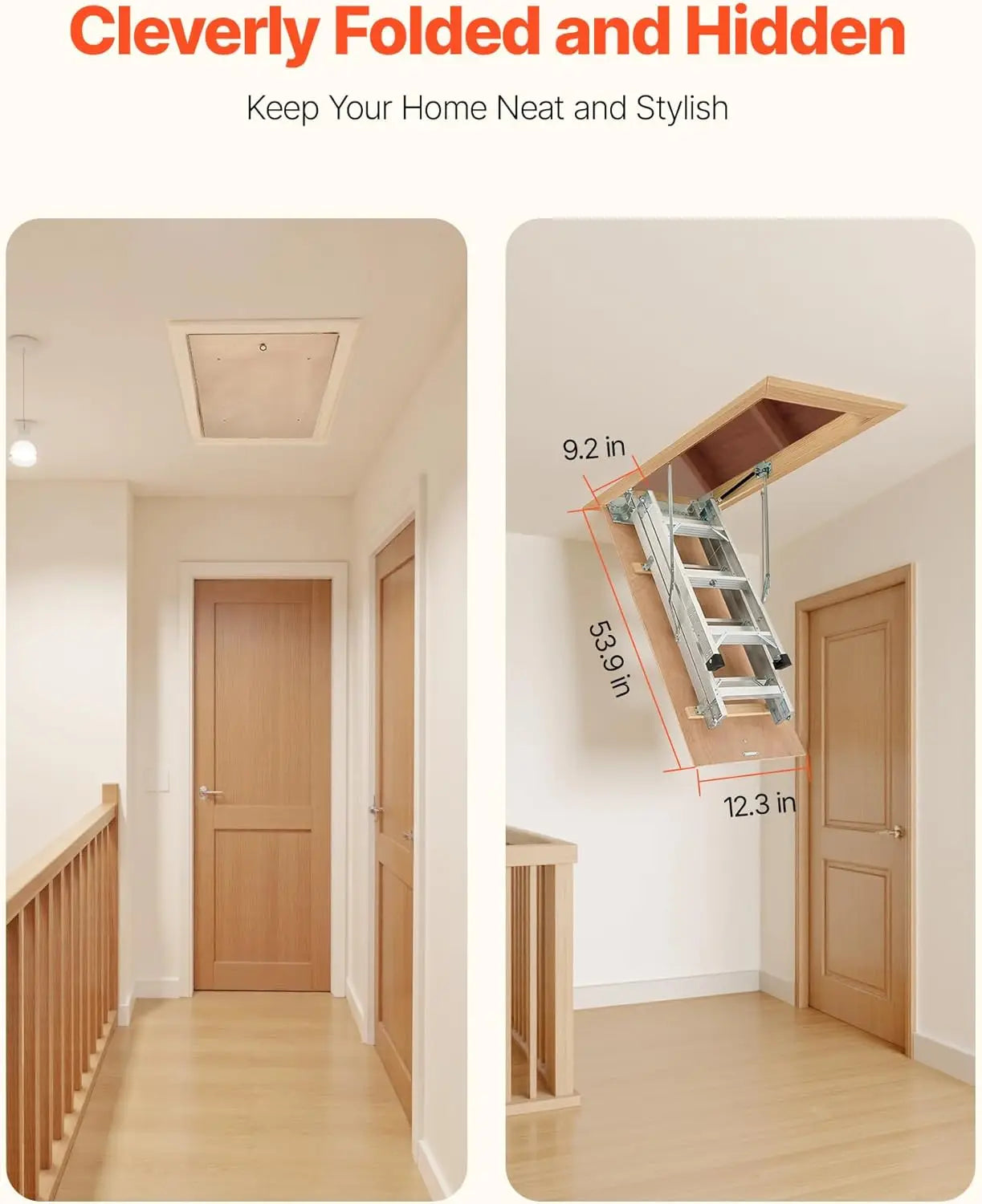 Adjustable Height Multi-Purpose Foldable Aluminum Attic Ladder with 375LBS/170KG Capacity, 9.8 to 10.3 ft/3 to 3.13 m Range