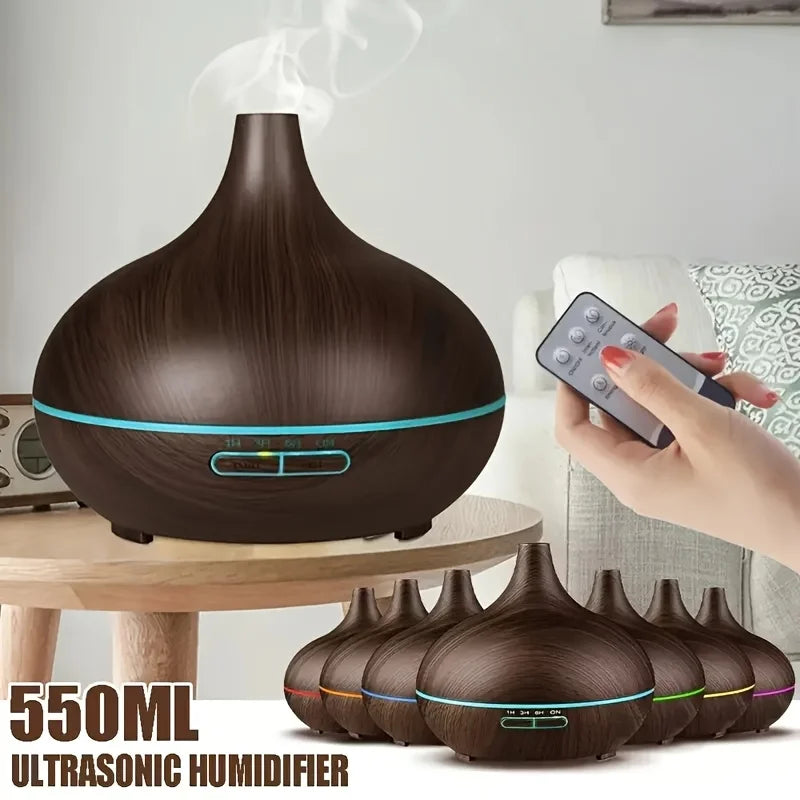Diffuser For Home /Wood Grain Aroma Diffuser with Remote Control Timer/  6 Oil Set - 550ml Cool Mist Humidifier for Large Room