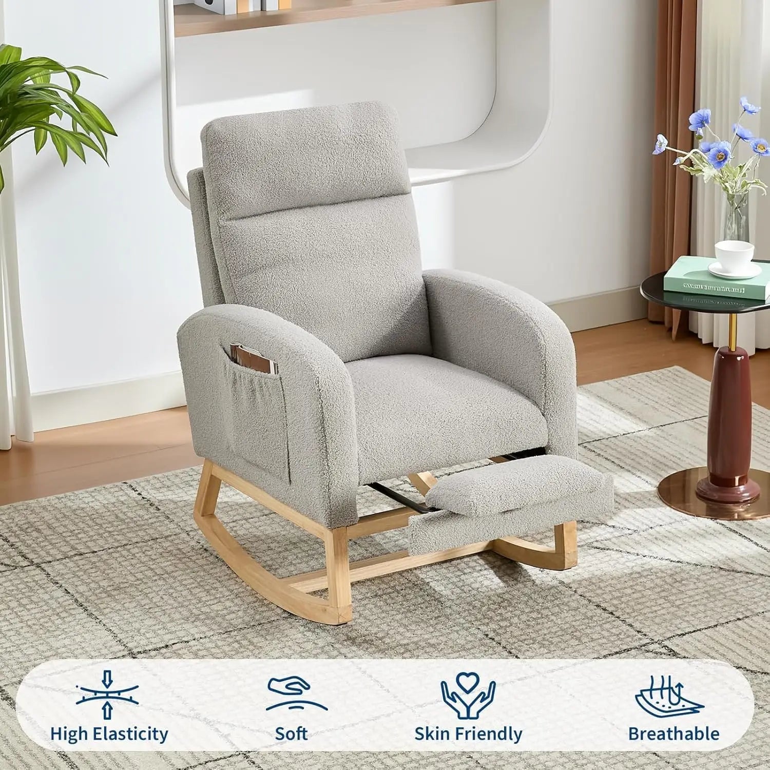 Rocking Chair Nursery Chairs with Foot Rest, Recliner Armchair with High Backrest & Wood Legs and Side Pocket for Living Room
