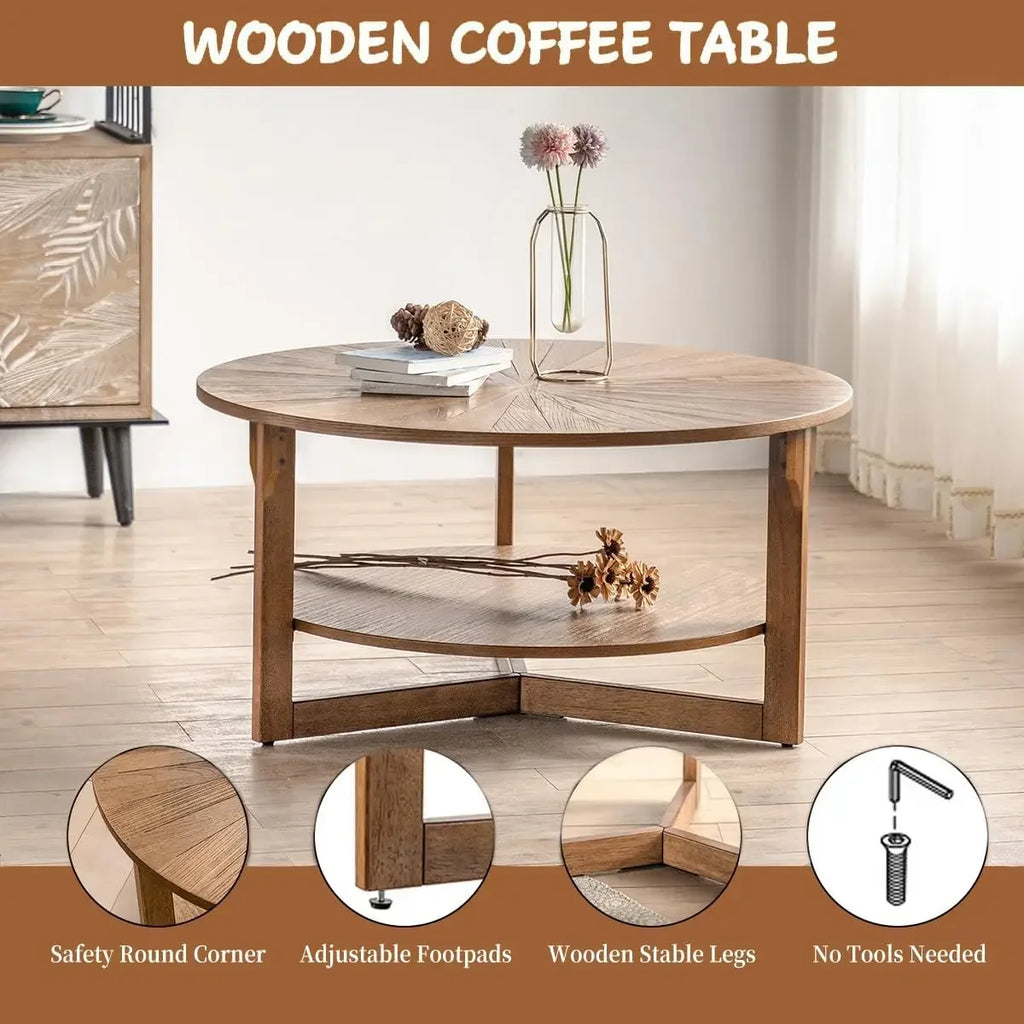 Wood Round Coffee Table for Living Room, 2 Tier Circle Coffee Table with Storage, Rustic Natural Coffee Table (35" Dx35 Wx18 H)
