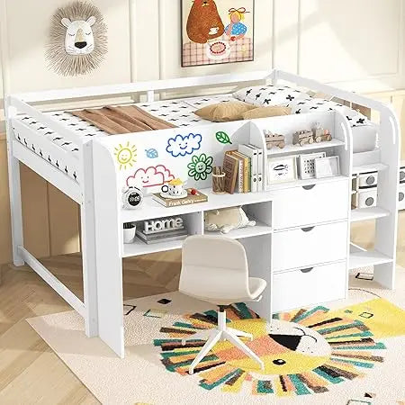 Modern Farmhouse Style Kids' Full Size Loft Bed with Desk, Storage, and Bookcase