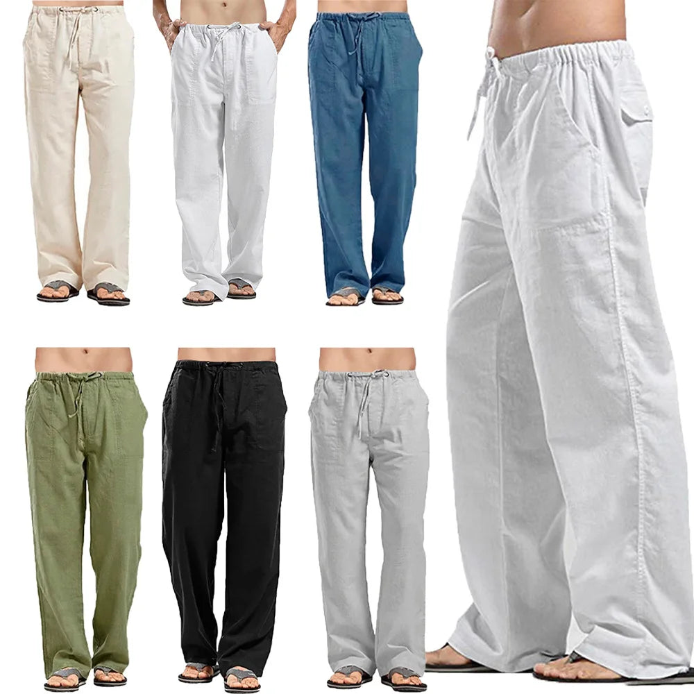 Men's Cotton Linen Pants/ Summer Solid Color Breathable Linen Trousers/ Male Casual Elastic Waist Fitness Pants