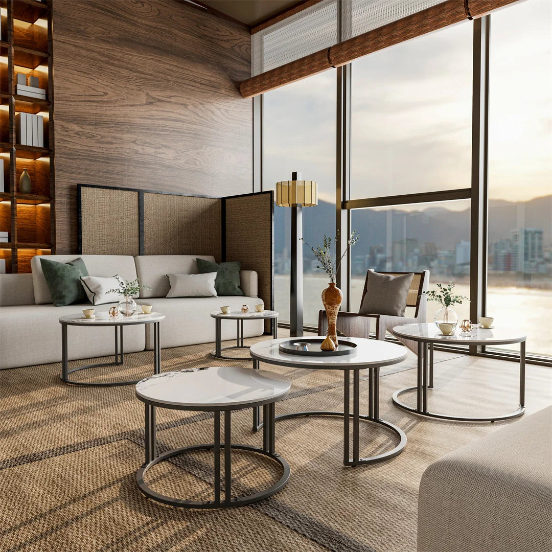 Set of 2 Round Living Room Nesting Table Anti-Rust Outdoor Stacking Center Coffee Table, Small Space Friendly