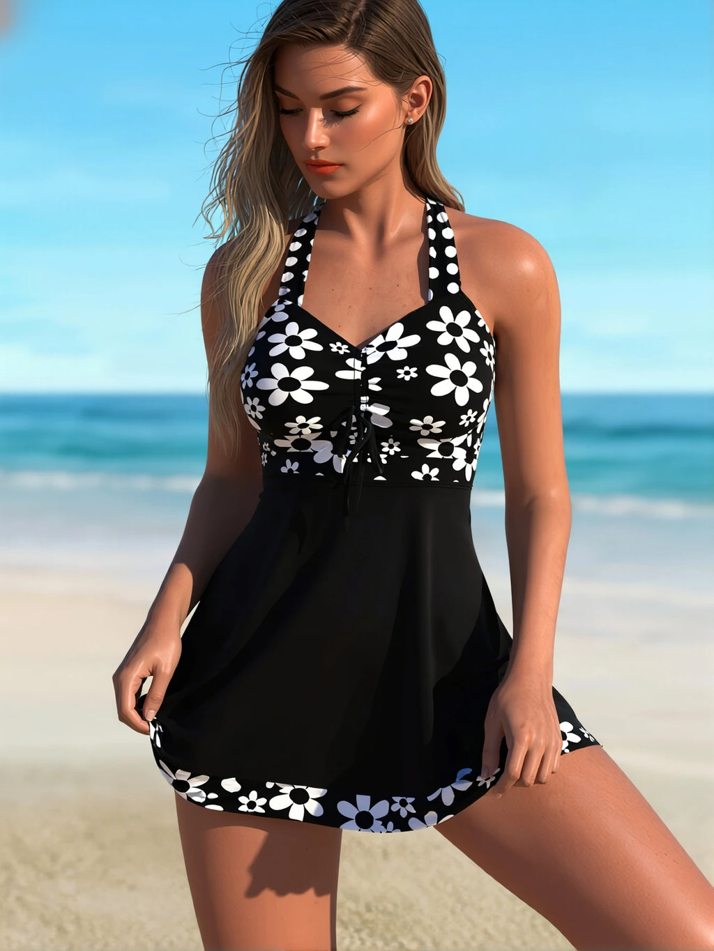 Women Halter Neck Floral Print Swim Dress Tummy Control Skirted One Piece Bathing Suit Modest Beachwear