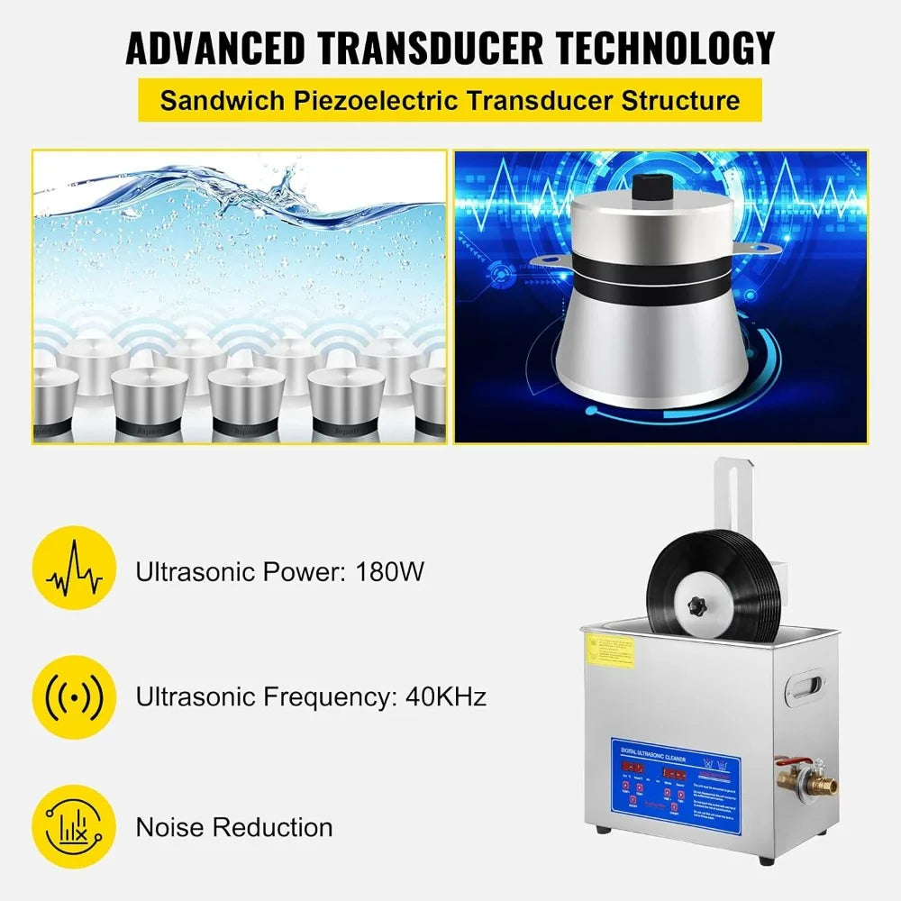 6L Ultrasonic Vinyl Cleaner for 7-12" Records, 8-Record Capacity, 180W Ultrasonic Cleaning Machine