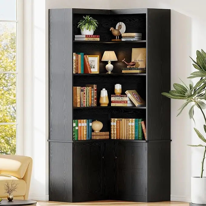 Corner Bookshelf with Doors, 6 Tier Bookcase with Storage, Corner Shelf with Cabinet, Large Tall Bookshelf