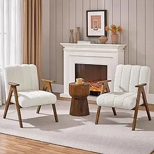 Boucle Fabric Mid Century Accent Chair Set of 2, with Solid Wood Legs