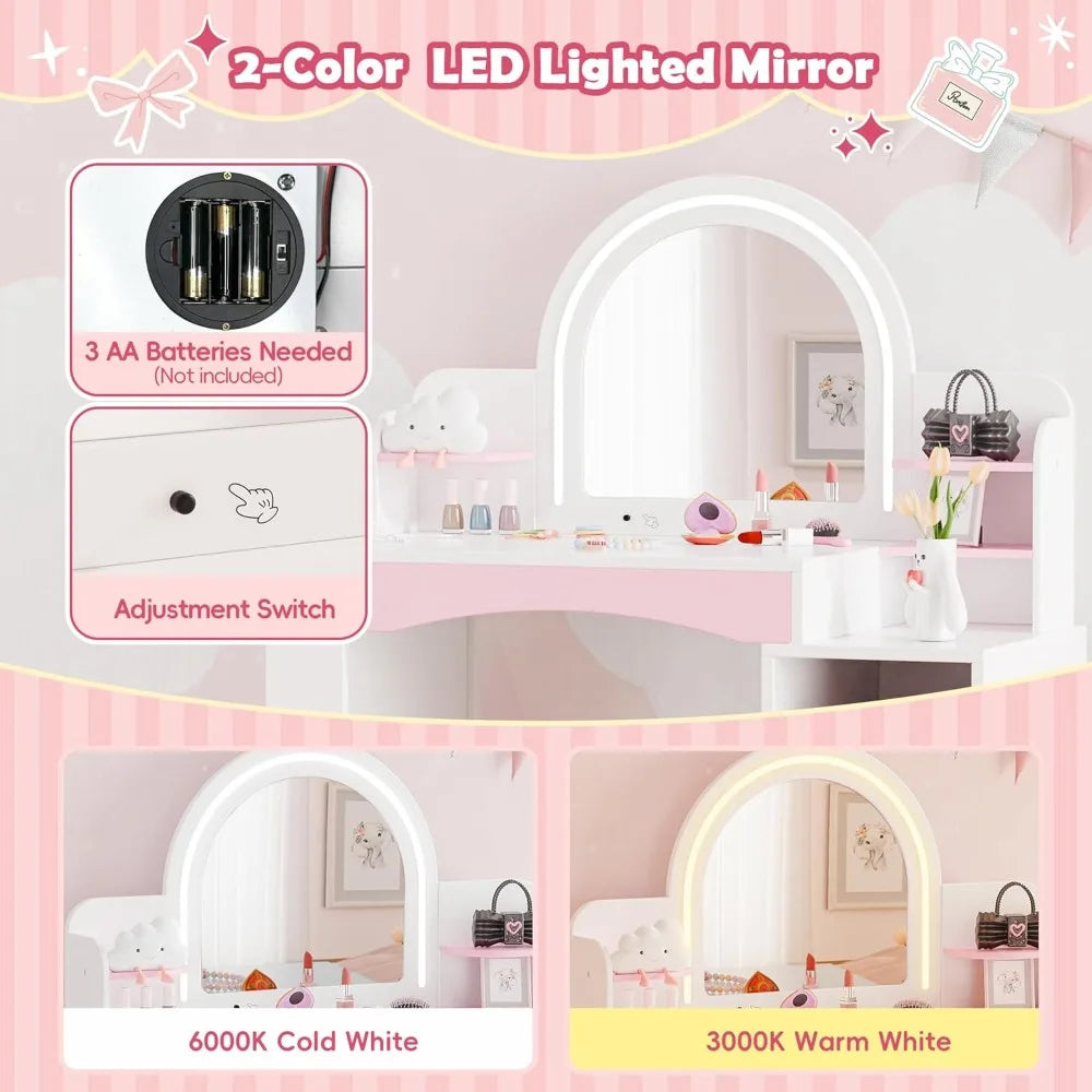 Children's Princess Makeup Vanity with Illuminated Mirror, Storage, and Bookshelf Combo