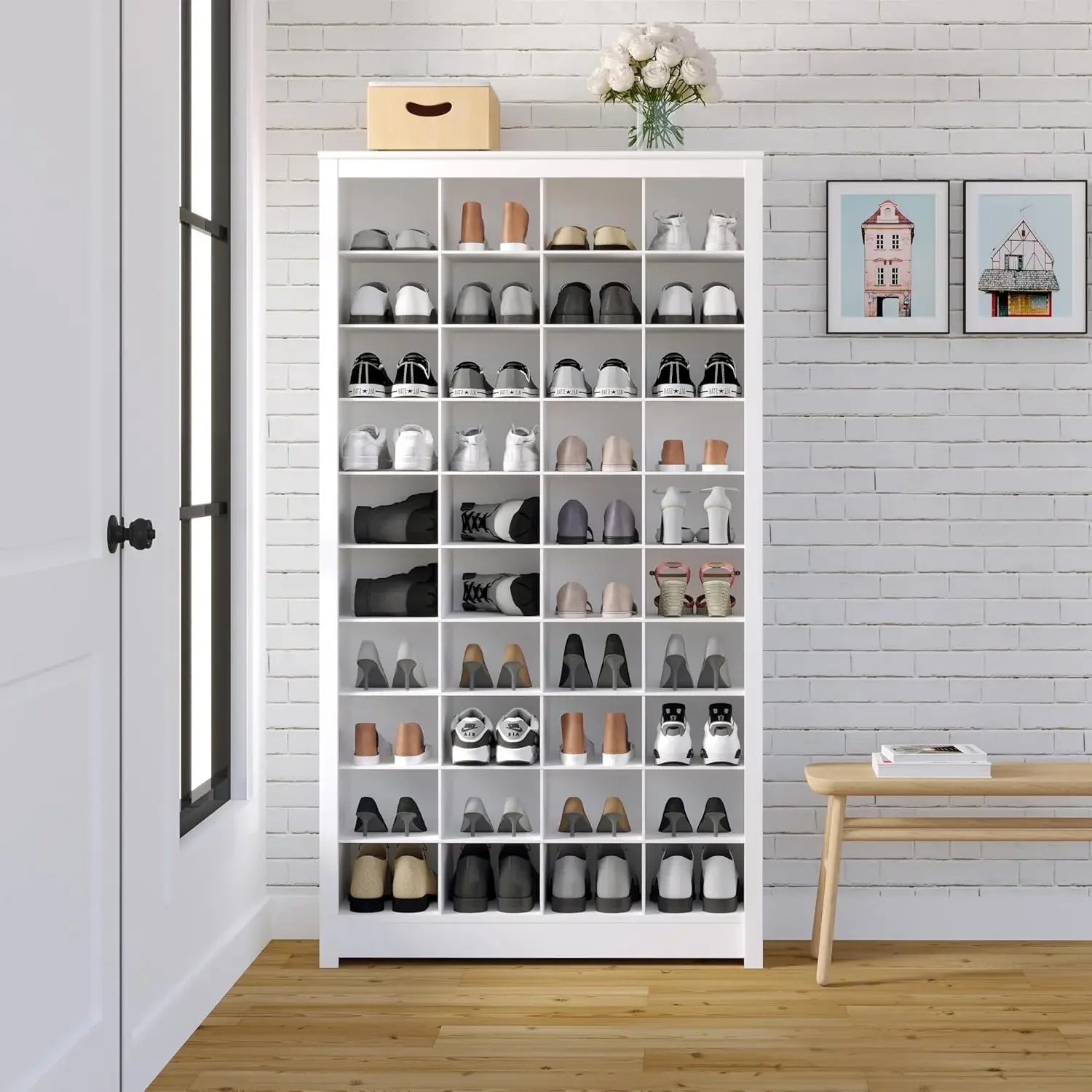White Tall Storage Cabinet, Shoe Cabinet, Cube Storage Organizer with 40 Shoe Cubbies 13" D x 39.5" W x 72.5" H
