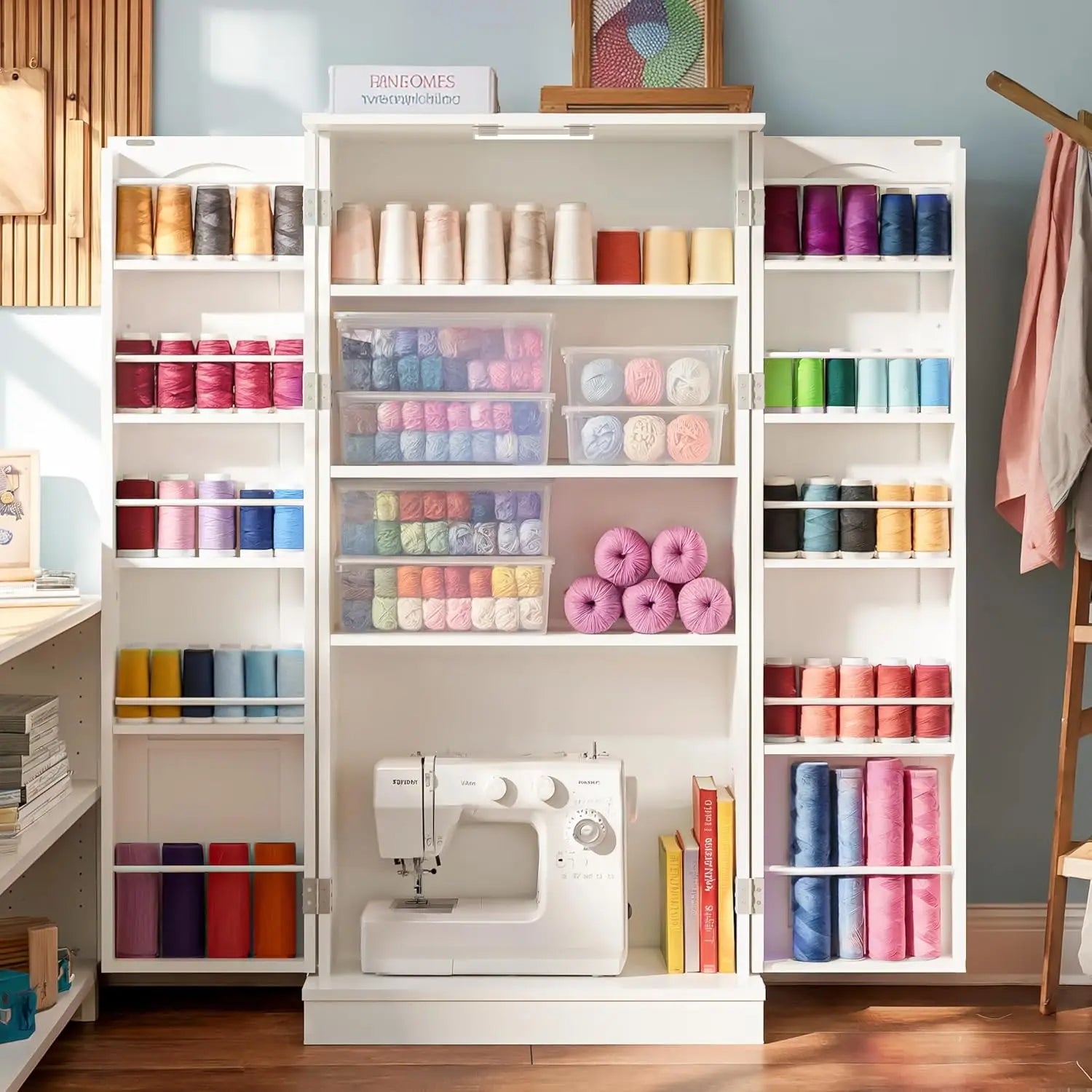 50" Craft Storage Cabinet with LED Lights – Adjustable Shelves Sewing Organizer, Multi-Purpose Sewing Cabinet