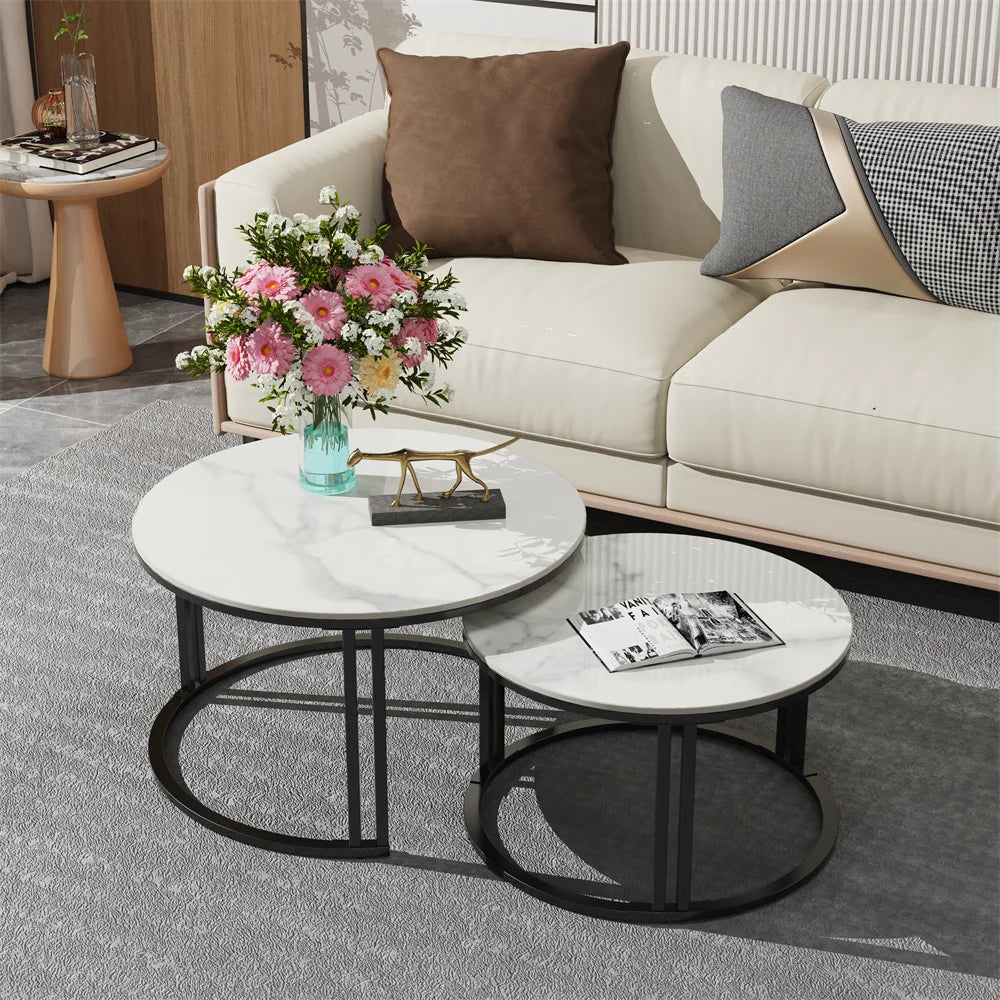 Small Living Room Furniture Table 2 Pack Round Marble Nesting Center Coffee Table Sofa Side Tea Desk Space-saving