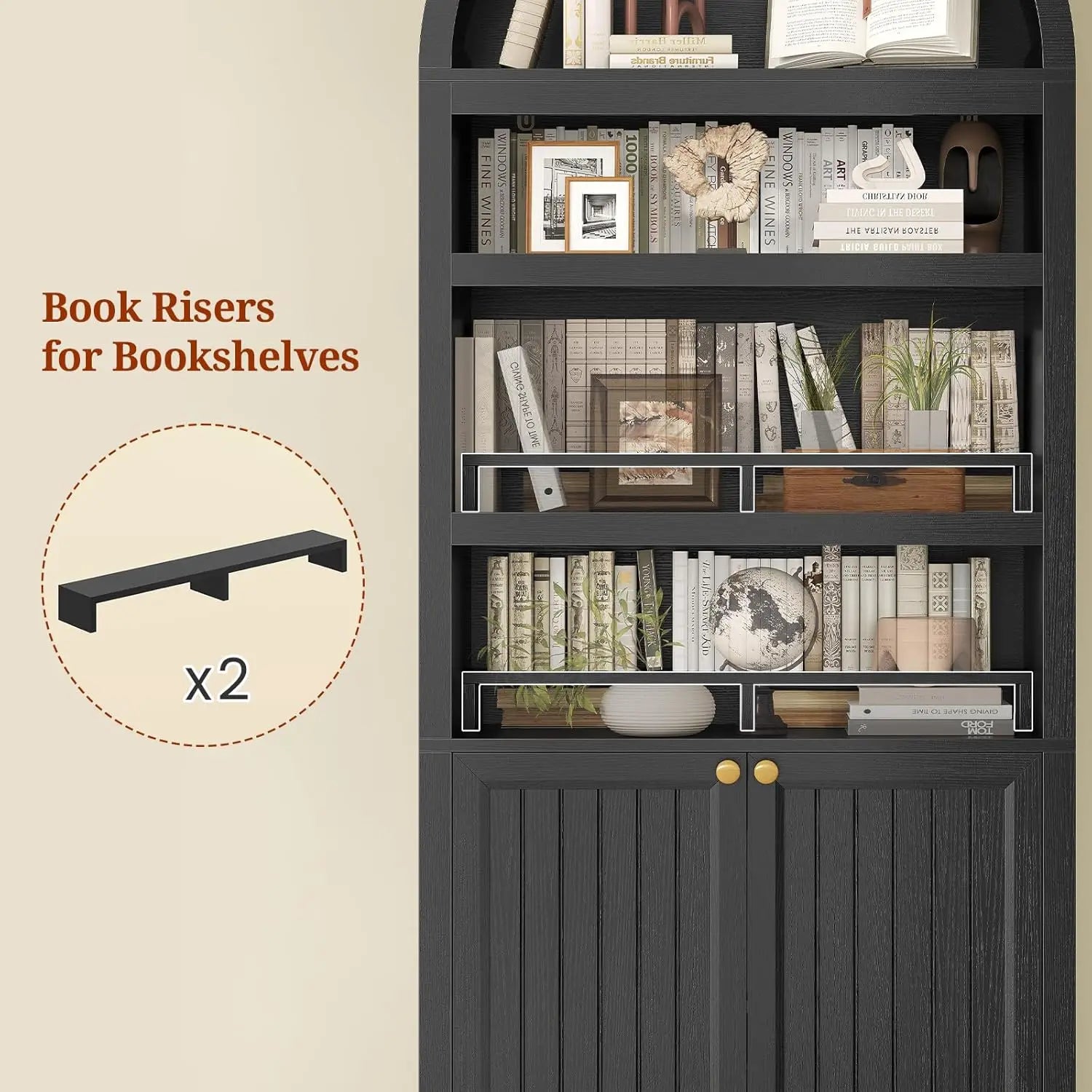 81" Tall Arched Cabinets,6-Tier Bookshelf ,2 Book Risers & Adjustable Shelves For More Storage Space