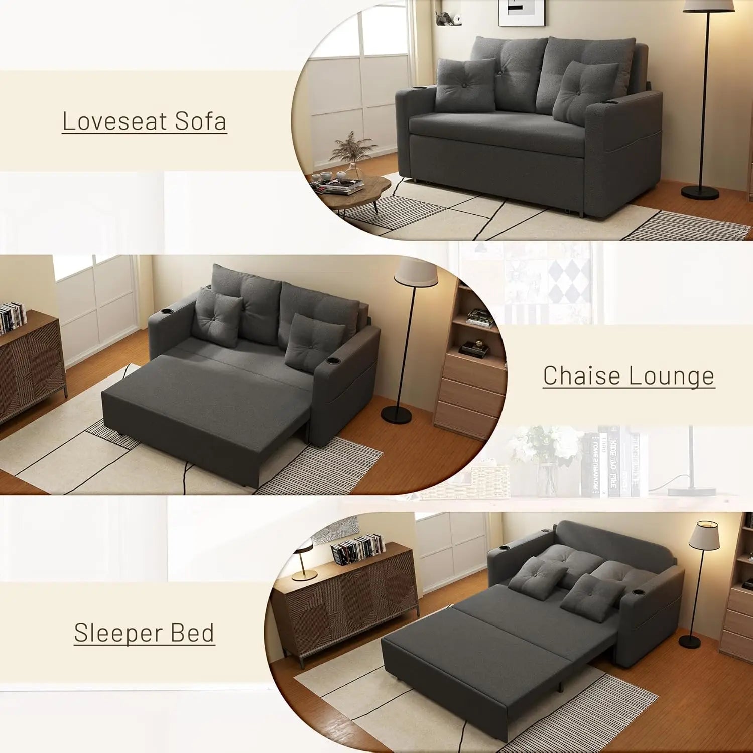3 in 1 Sofa Bed, 56" Convertible Pull Out Couch, Loveseat Sleeper Sofa with Cup Holders, USB, Sofa Couches