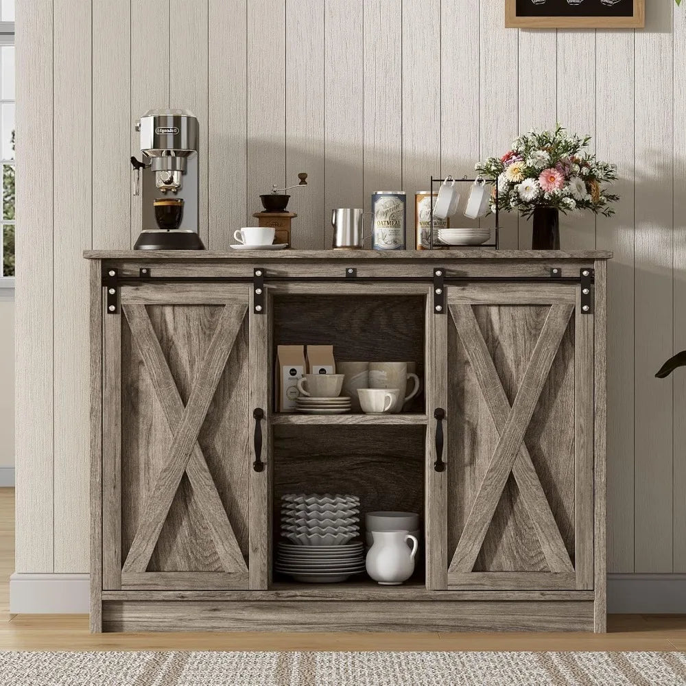 Farmhouse Coffee Bar Cabinet with Sliding Barn Door, 42” Coffee Bar Table with Adjustable Shelves, Buffet Cabinet with Storage