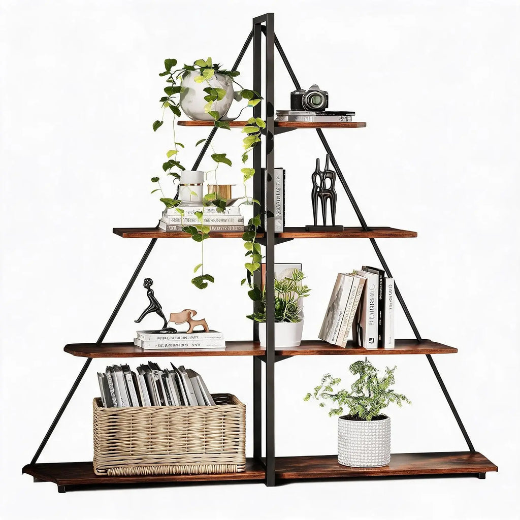 4-Tier A-Frame Ladder Shelf Bookcase - Steel Frame Bookshelf | Rustic Book Storage Shelf for Living Room, Bedroom or Kitchen, Living Room Display Rack Stand