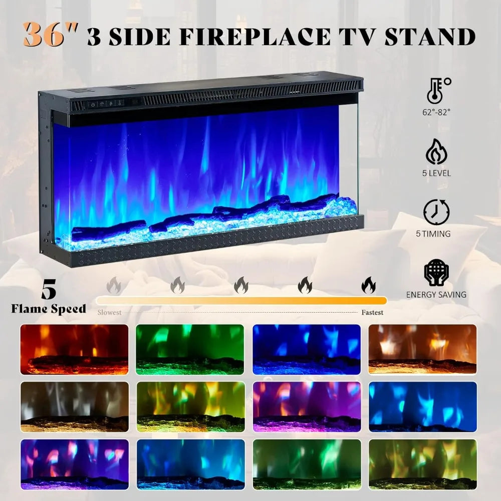Farmhouse LED Fireplace TV Stand with 3-Sided Glass Fireplace, 70" Large Entertainment Center for TVs up to 80", Rustic TV Console