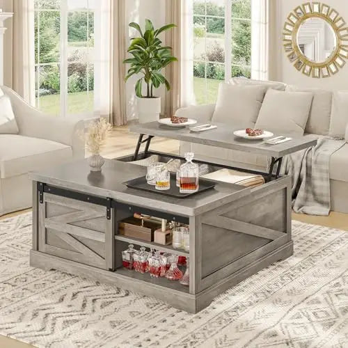 Lift Top Coffee Table with Storage, Farmhouse Style, Gray
