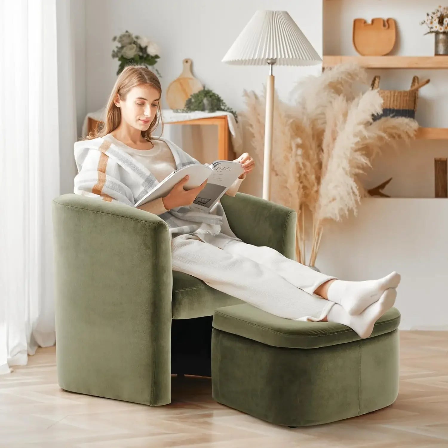 Upholstered Velvet Barrel Accent Chair with Storage Ottoman