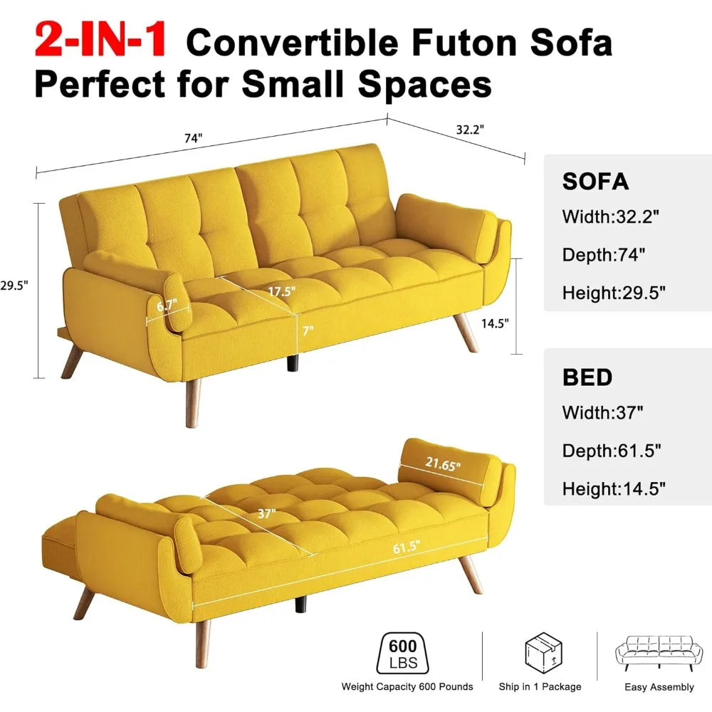 Futon Couch for Small Spaces & Apartment, 2-in-1Modern Comfy Loveseat Convertible Sofa Bed, 74.4-Inch Compact Design for Living