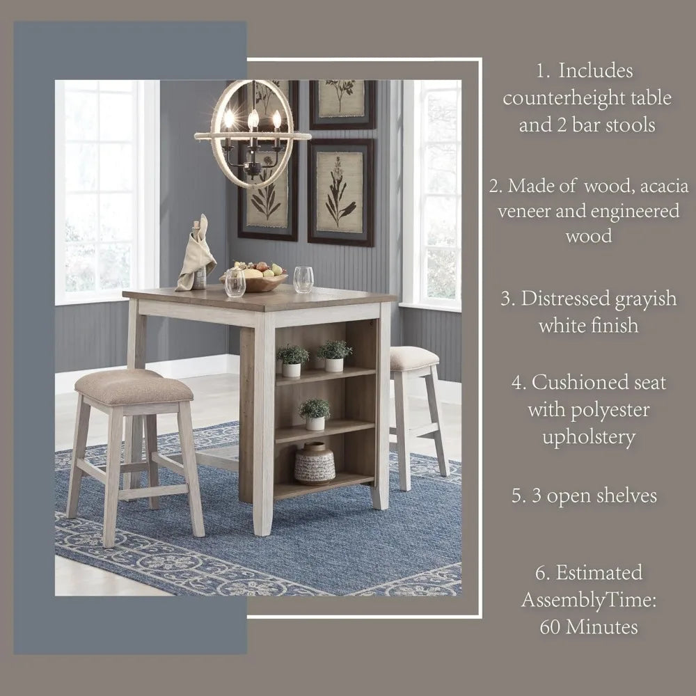 3 Piece Counter Height Dining Set, Includes Table and 2 Barstools, Whitewash