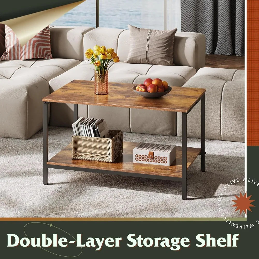 Modern Industrial Style Living Room Coffee Table with Storage Shelf and Metal Frame, 2-Tier Wooden Center