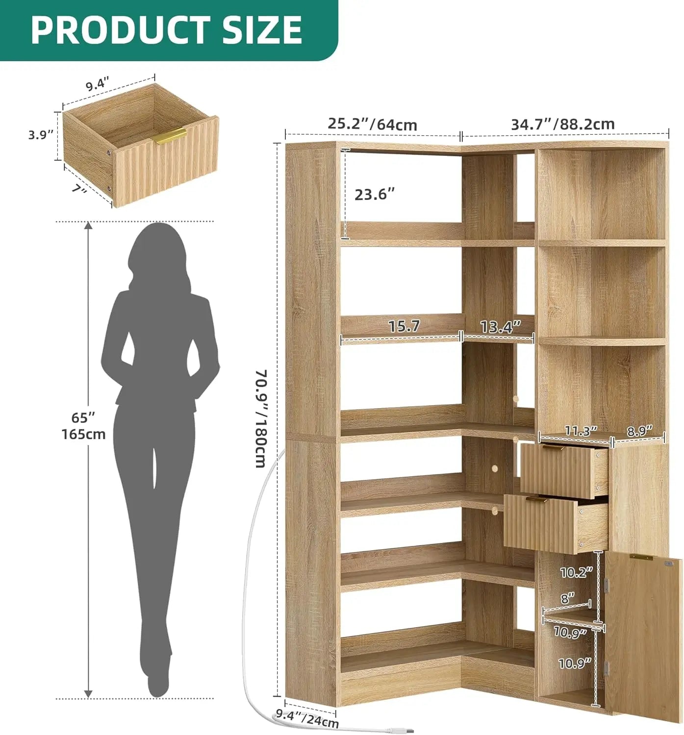 Farmhouse Style 6-Tier Corner Bookshelf with Storage Drawers and Cabinets, L-Shaped LED Lighted Bookcase