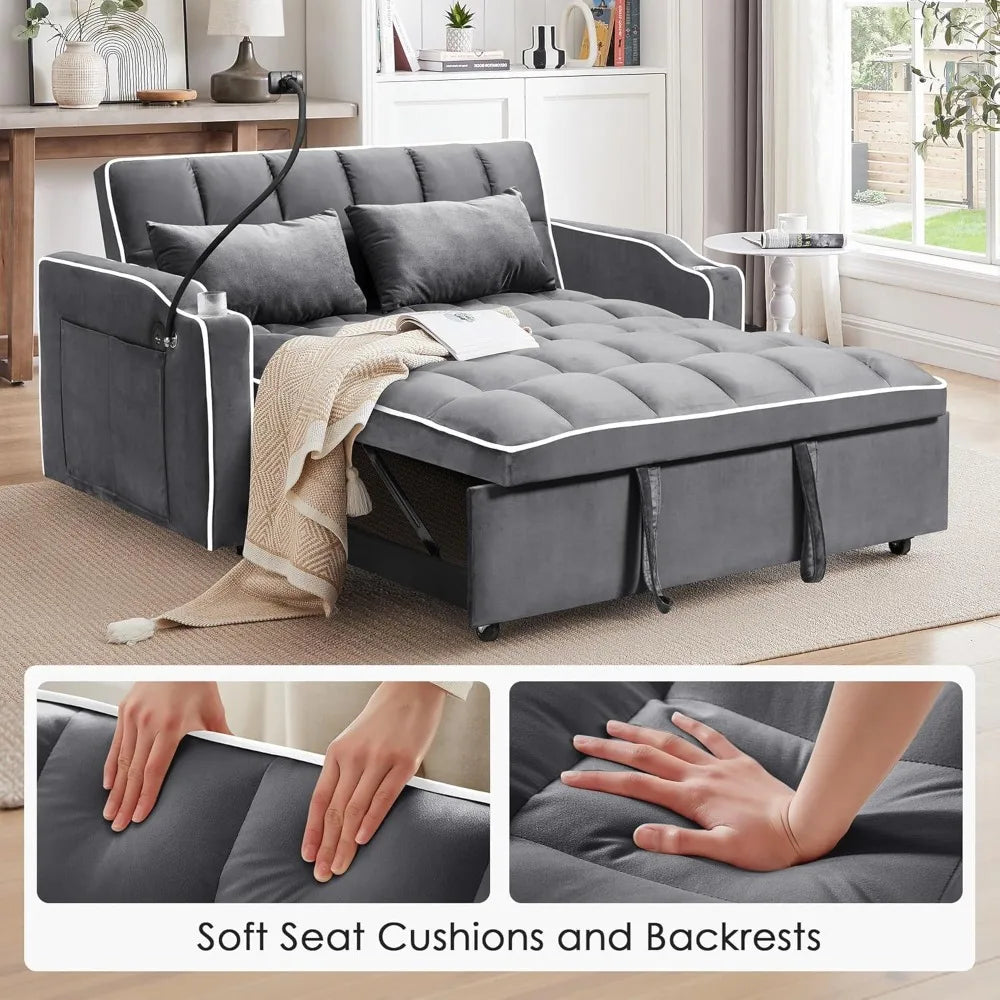 Convertible Sofa Bed, Sleeper Sofa with Side Pocket, Adjustable Backrest, Living Room Sofa with Phone Holder, Pull Out Couch