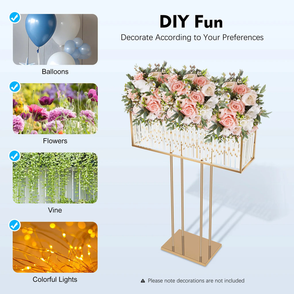 Gold Electroplated Iron Crystal Wedding Flower Stand 70×90cm DIY Floral Arrangement Holder Floor Tabletop Dual Use Crystal Chandelier Stand