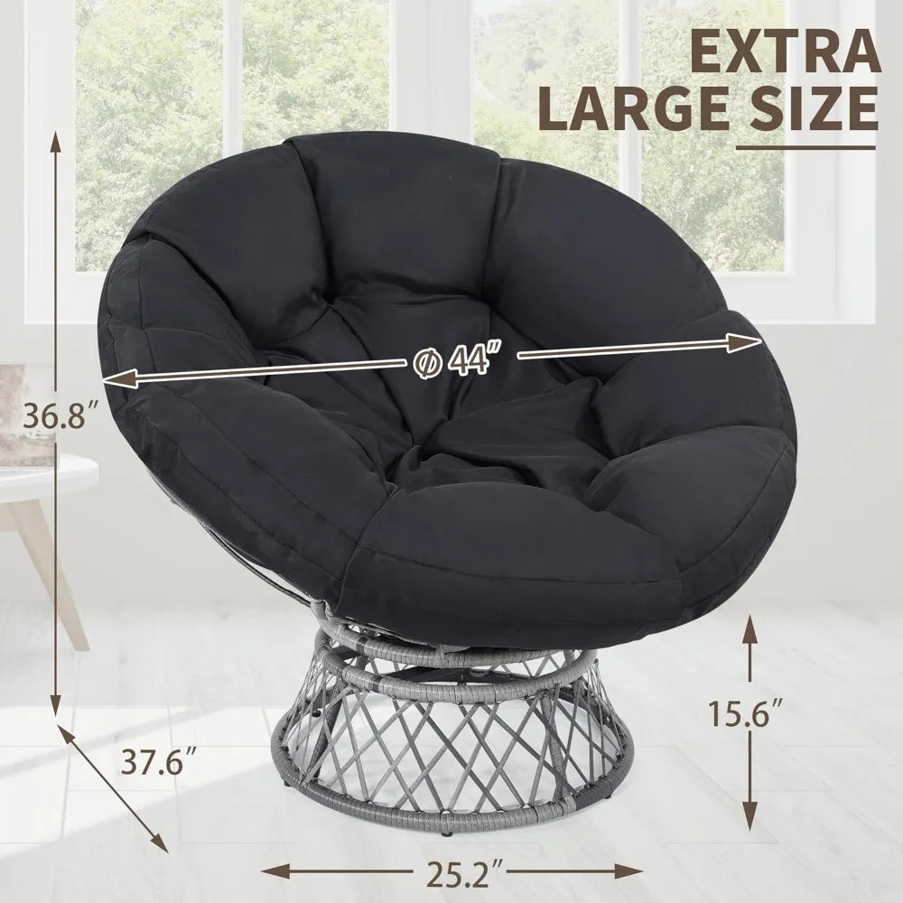 Adult-Sized Rattan Papasan Chair with Cushion, 360° Swivel, Waterproof, Grey and Black Frame