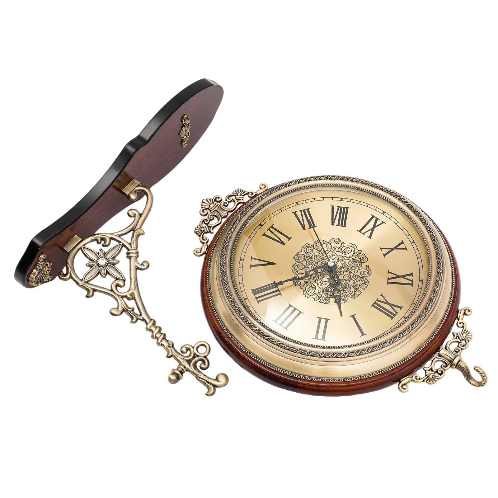 Double-Sided Wall Clock Vintage Style, 12-inch Silent Round Clock with 360° Rotation, Easy-to-Read Dual-Sided Dial for Living Room Office, Brown