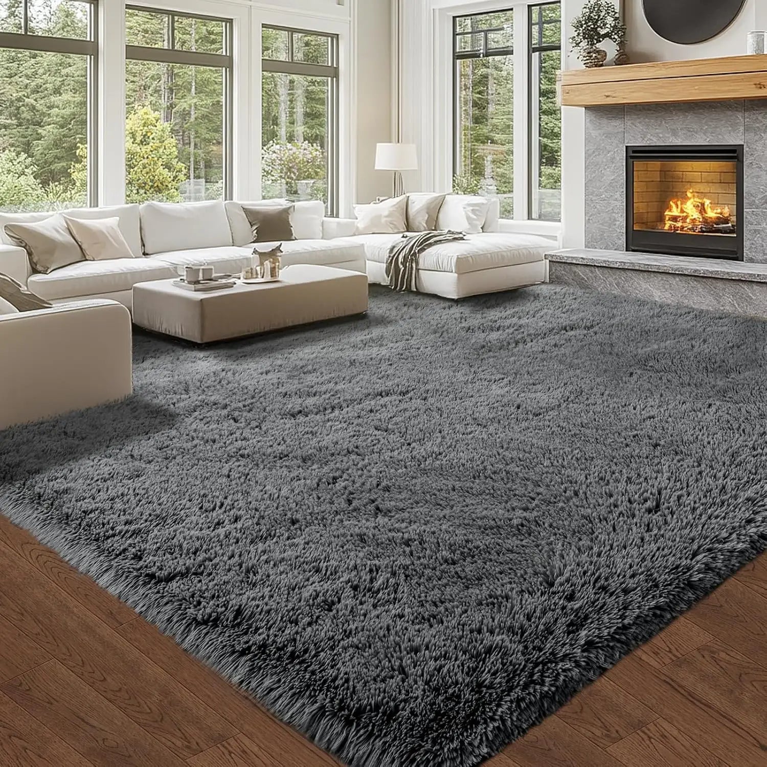 Large Shaggy Grey Area Rug 10'x14' - Super Soft Fluffy Carpet for Living Room, Bedroom, Non-Slip Memory Foam