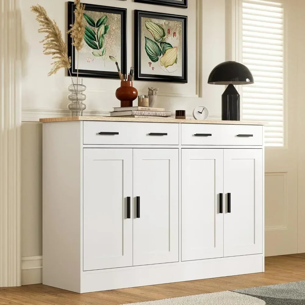 White Buffet Cabinet, Coffee Bar Cabinet with 2 Drawers & 4 Doors, Kitchen/ Buffet Sideboard for Living Room, Kitchen