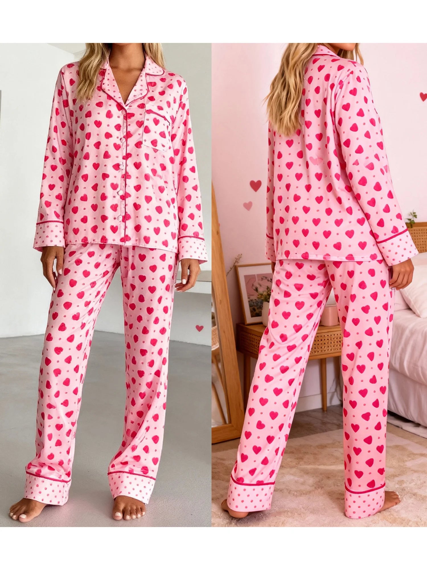 Valentine s Day Women s Pajama Set with Heart Print Long Sleeve Top and Elastic Waist Pants - 2 Piece Outfit featuring Turn