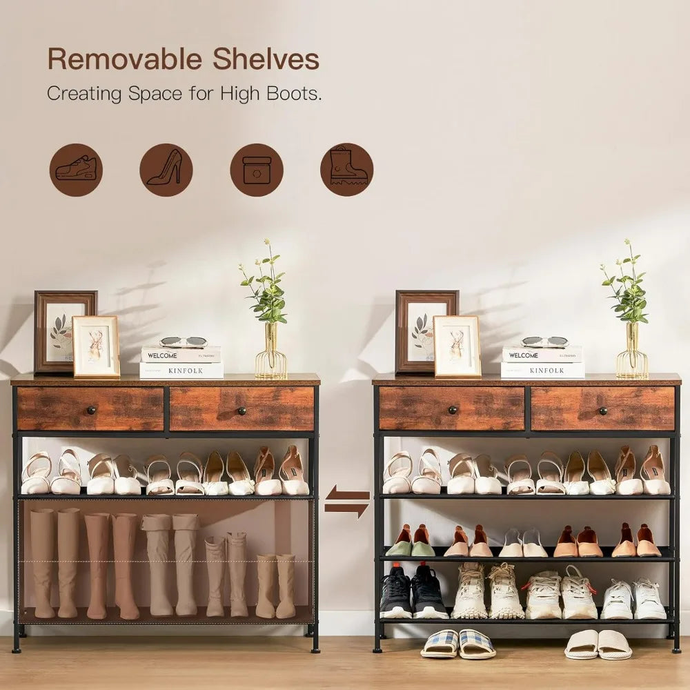 4-Tier Metal Shoe Rack with 2 Drawers and 3 Fabric Shelves for 12-15 Pairs Shoe Storage Organizer