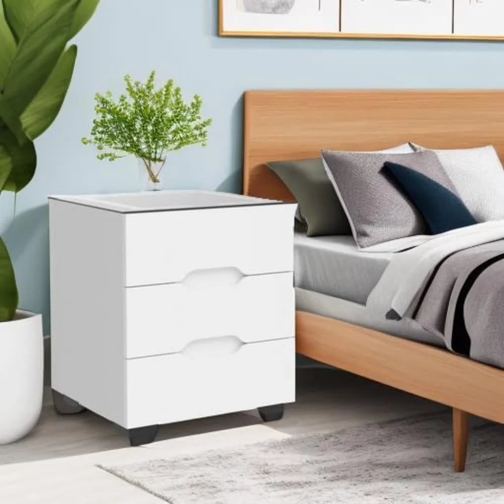 White Smart Nightstand with Wireless Charging Station & Adjustable LED Lights, High Gloss End Table with 3 Drawers & USB Charging