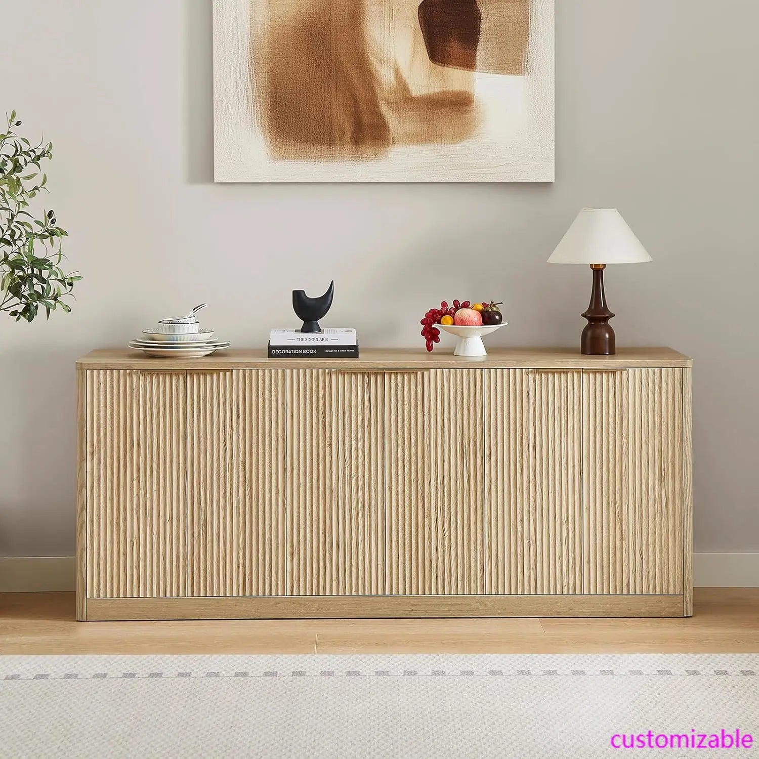 67" Fluted Oak Buffet Cabinet Sideboard with Storage, Large Credenza with 6 Doors, Wood Mid Century Modern Sideboard