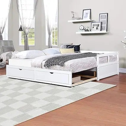 Expandable Solid Wood Daybed with Trundle and Storage Drawers, Convertible Twin to King Size Bed, Easy Assembly for Bedroom