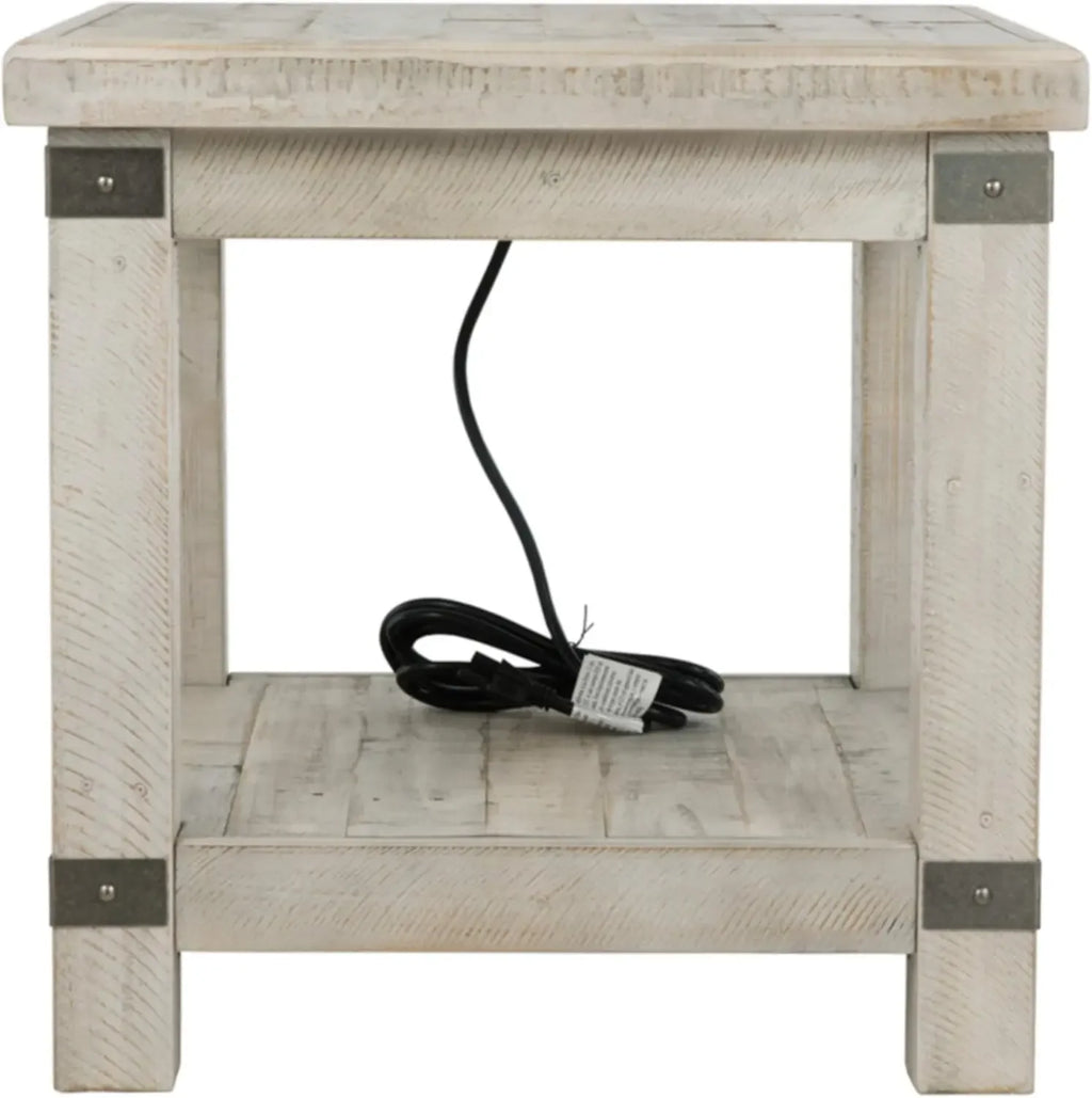 Rectangular End Table with Lower Shelf, 2 Electrical Outlets and 2 USB Ports, Whitewash
