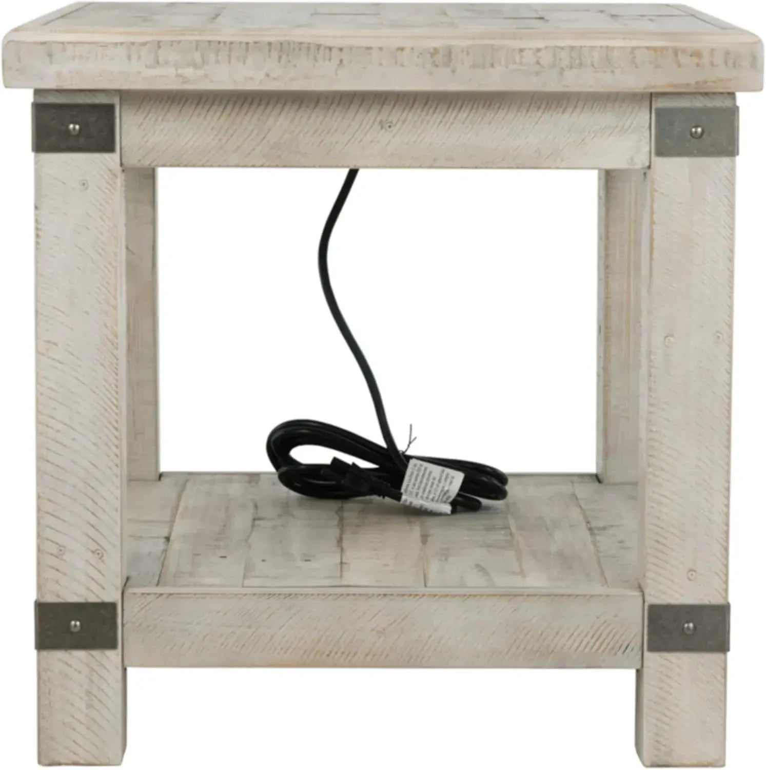Rectangular End Table with Lower Shelf, 2 Electrical Outlets and 2 USB Ports, Whitewash